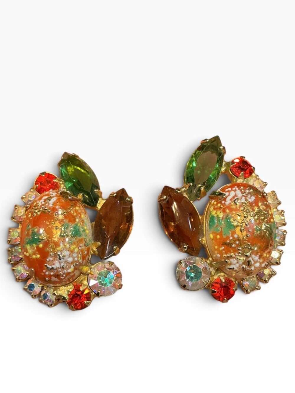 Juliana D&E Easter Egg Confetti Cabochon Rhinestone Clip On Earrings Book Piece